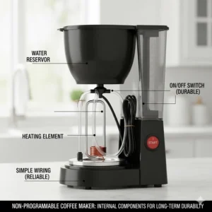 Technical illustration showing the simple internal components of a non-programmable coffee maker for long-term durability.