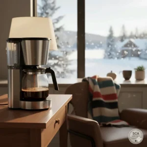 A cozy indoor scene showing a high-quality coffee brewer providing warmth during a cold Canadian winter.