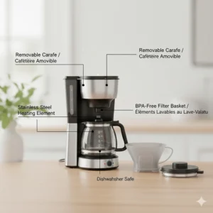 Diagram highlighting easy-to-clean, dishwasher-safe, and BPA-free parts of a drip coffee machine.