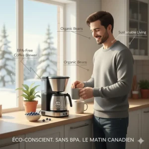 Minimalist illustration of a sustainable morning routine in Canada featuring a BPA-free coffee brewer.