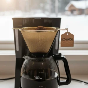 Close-up of a reusable gold-tone filter for a 10 cup drip coffee maker to reduce waste in eco-conscious Canadian households.