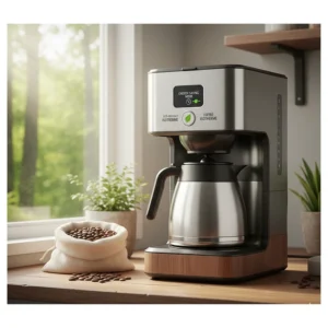 An eco-friendly thermal carafe coffee maker which saves energy by eliminating the need for a heated hot plate (bilingual: cafetière isotherme).