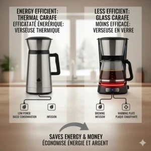 A visual showing the energy-saving benefits of a thermal carafe over a glass carafe's warming plate.