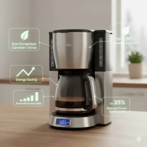 Infographic style illustration highlighting the energy-saving benefits of a 24 hour programmable coffee maker for eco-conscious Canadians.