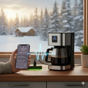 Illustration showing the energy-saving features of a WiFi coffee maker, ideal for eco-conscious Canadian households.