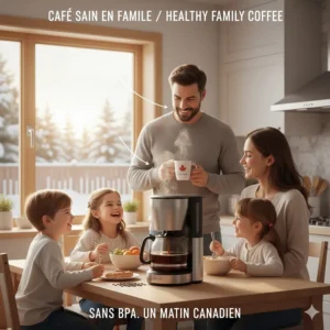 A lifestyle-style illustration of a Canadian family enjoying coffee made from a health-conscious drip brewer.