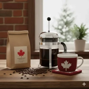 A classic glass French press (cafetière) alongside a bag of locally roasted Canadian coffee beans.