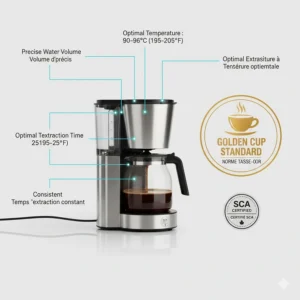 Infographic explaining the Golden Cup Standard achieved by an SCA certified coffee maker.