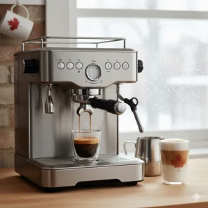A modern stainless steel espresso machine pulling a rich shot, ideal for crafting café-style lattes at home in Canada.
