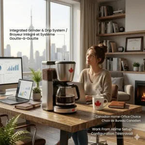 A professional home office setup in Canada featuring a drip coffee maker with grinder built in for a fresh workday brew.