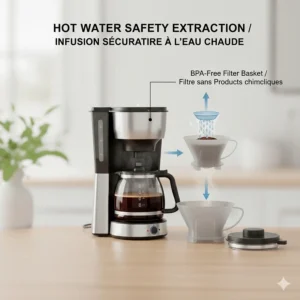Illustration showing safe hot water extraction through a chemical-free filter basket (sans BPA).