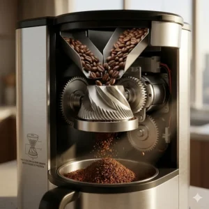 Close-up technical illustration of the stainless steel burr grinder built into a drip coffee maker.