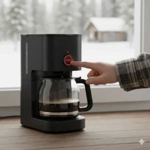 A minimalist non-programmable coffee maker showing the simple one-touch operation preferred for reliability in rural Canadian homes.