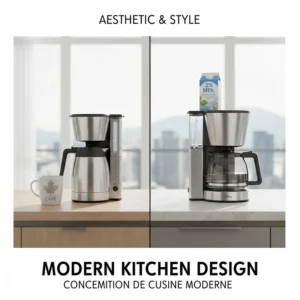 Illustration of a stylish coffee maker fitting into a contemporary Vancouver or Toronto-style condo kitchen.