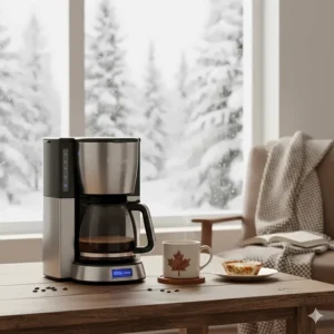 A cozy illustration of a steaming mug next to a programmable coffee maker during a cold Canadian winter morning.