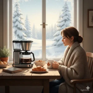 A cozy Canadian breakfast nook featuring a drip coffee maker with grinder built in next to a window with snowy views.