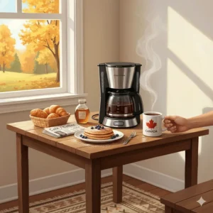 Illustration of a cozy Canadian breakfast nook featuring an 8 cup drip coffee maker and a "Canada" mug.