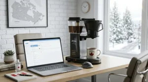A photorealistic 4K image of a sleek drip coffee maker with bilingual controls on a home office desk in Canada, next to a 'CANADA' mug and a laptop, with a snowy view from the window.