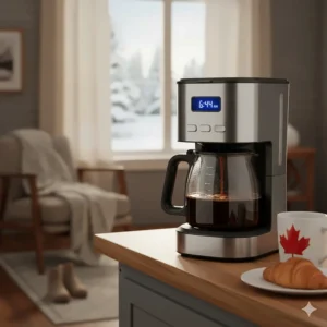 A cozy Canadian morning scene featuring a programmable machine brewing fresh coffee before the alarm goes off.