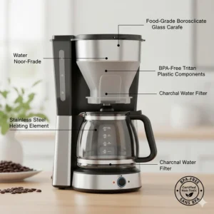 Infographic showing non-toxic, food-grade glass and plastic components of a healthy drip coffee maker.