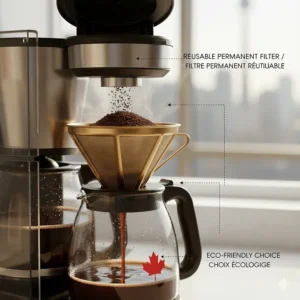 An eco-conscious illustration of a gold-tone permanent filter inside a coffee maker with an integrated grinder.
