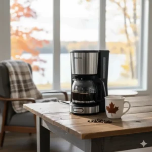 A durable 5 cup drip coffee maker on a wooden table inside a cozy Canadian lakeside cottage during autumn.