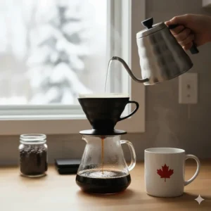 A minimalist pour-over coffee dripper and gooseneck kettle, highlighting manual brewing methods for Canadian enthusiasts.