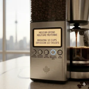 Digital display of a coffee maker showing programmable settings for strength and grind size, inclusive of English and French users.