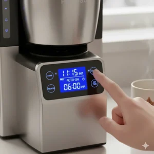 Close-up illustration of the digital interface on a 24 hour programmable coffee maker showing the Auto-On timer being set for 6:00 AM.