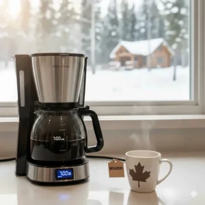 A digital timer icon on a 10 cup drip coffee maker, perfect for waking up to hot coffee during cold Canadian winters.