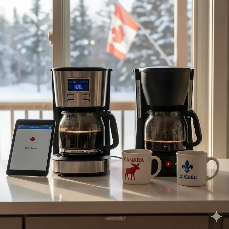 A side-by-side comparison of a programmable vs non-programmable coffee maker on a modern Canadian kitchen counter with a snowy window view.