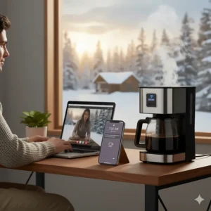 A Canadian remote worker’s desk with a laptop and a WiFi coffee maker brewing in the background.