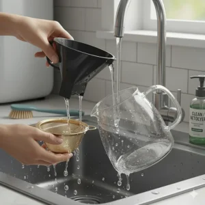 A high-detail photorealistic close-up of a person rinsing a removable filter basket and glass carafe under a kitchen faucet, emphasizing the easy to clean components of the drip coffee maker.