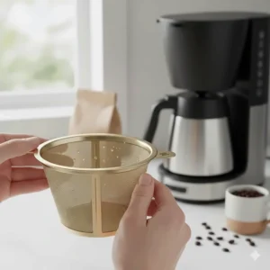 Illustration of a reusable gold-tone filter for an 8 cup drip coffee maker to reduce waste in Canadian households.