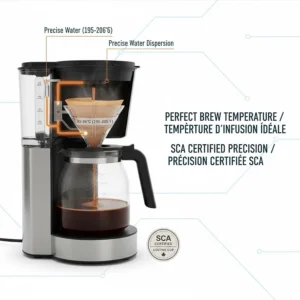 Diagram showing the precise water temperature of an SCA certified coffee maker for the perfect morning brew.
