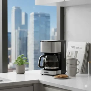 A space-saving 8 cup drip coffee maker illustrated on a modern condo countertop in Toronto or Montreal.