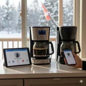Illustration showing a programmable coffee maker integrated into a smart home setup, highlighting tech-forward Canadian lifestyle.