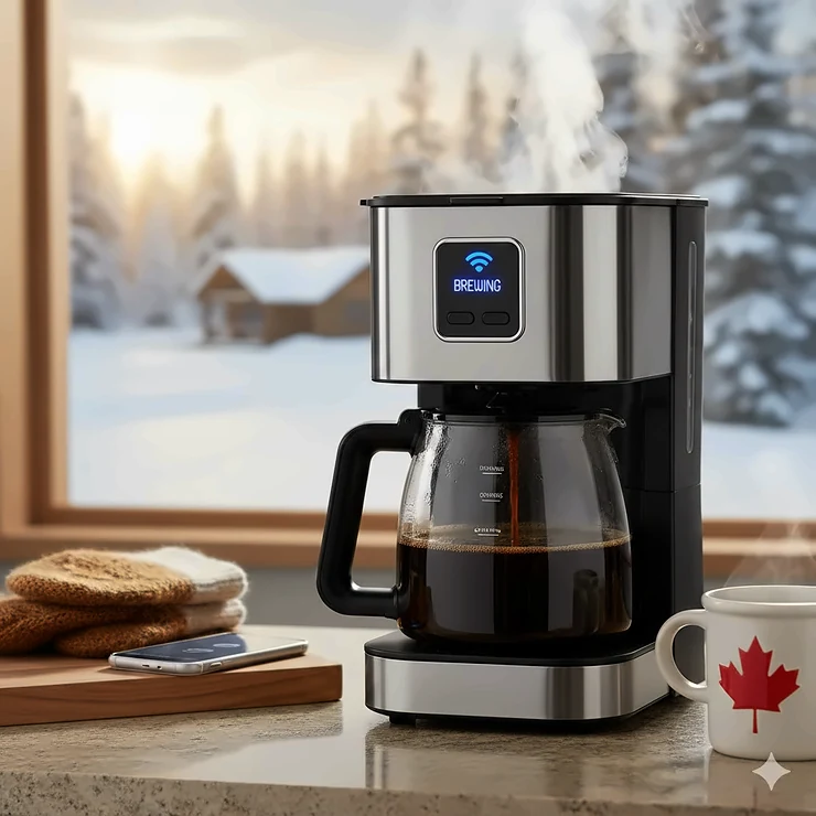 A modern WiFi coffee maker brewing a fresh roast in a bright Canadian kitchen with a snowy window view.