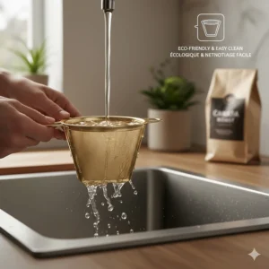 A photorealistic image of a gold-tone permanent filter being rinsed, featuring bilingual text 'Eco-Friendly & Easy Clean / Écologique & Nettoyage Facile' over a modern Canadian sink.