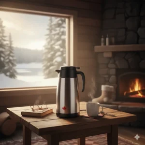 A thermal carafe coffee maker inside a rustic Canadian cottage or "chalet," perfect for slow mornings in the Muskokas or Laurentians.