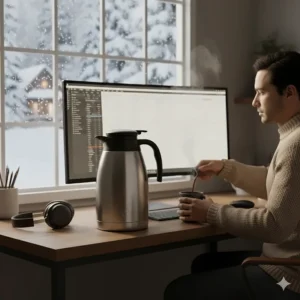 A 12-cup thermal carafe coffee maker on a desk in a home office, providing hot coffee throughout a long workday.
