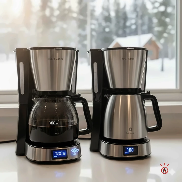 Comparison between a glass and thermal carafe for a 10 cup drip coffee maker. Cafetière avec carafe thermique ou en verre.