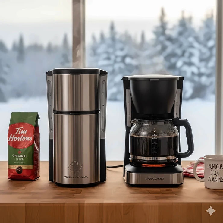 A side-by-side comparison of a thermal vs glass carafe coffee maker on a modern Canadian kitchen counter during a snowy morning.