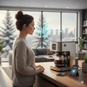 An illustration of a user giving voice commands to a WiFi coffee maker in a contemporary Canadian home.