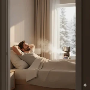 Illustration of a person waking up in a cozy bedroom, lured by the aroma of a pre-programmed coffee machine.