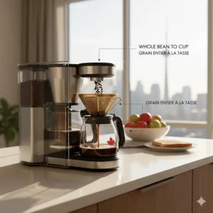 Diagram showing coffee beans moving from the hopper into the built-in grinder for a fresh Canadian roast.