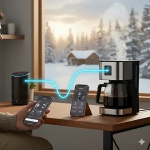 A diagram showing a WiFi coffee maker connecting to a home router in a Canadian smart home setup.