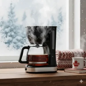 Stylized art of an 8 cup drip coffee maker steaming next to a window with falling snow, emphasizing warmth.