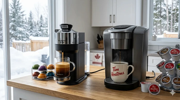 A Nespresso Vertuo and Keurig K-Elite sitting on a modern Canadian kitchen counter with a window view of a snowy pine forest. Nespresso vs Keurig