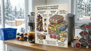 A diverse array of Nespresso capsules and Keurig K-Cups including Canadian brands like Tim Hortons and Van Houtte.
